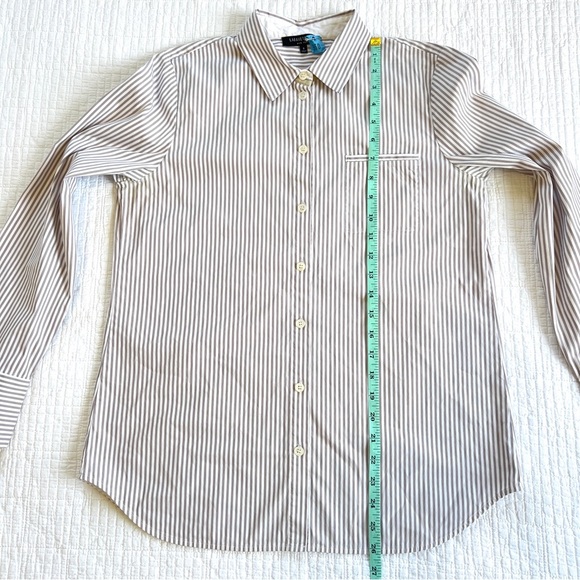 Lafayette 148 Classic Tan & White Striped Poplin Button-Up Shirt Size Small - Picture 8 of 11